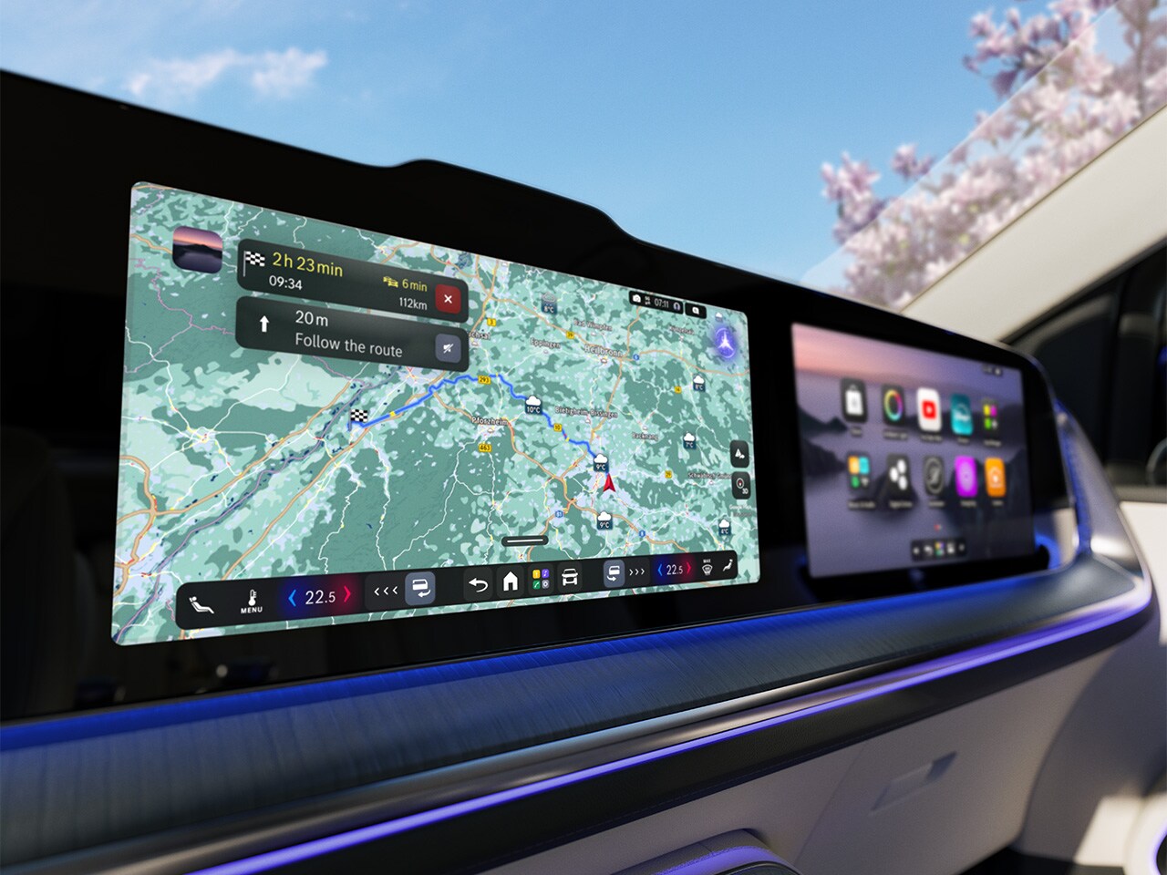 MBUX met Digitale extra's | VLE | Mercedes-Benz De MBUX met verschillende Digitale extra's zoals de MBUX Virtual Assistant, MBUX Navigation en GUARD 360° wordt getoond.